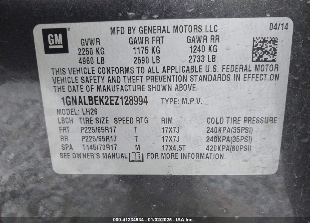 2014 CHEVROLET EQUINOX 1LT VIN: 1GNALBEK2EZ128994