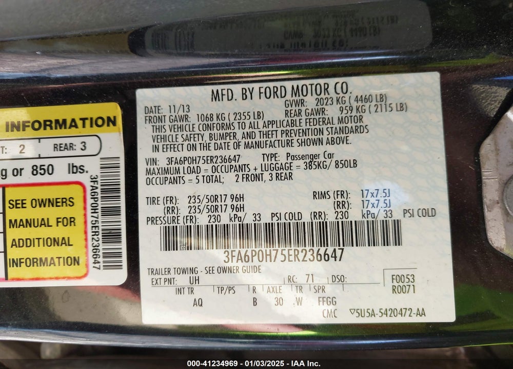 2014 FORD FUSION VIN: 3FA6P0H75ER236647