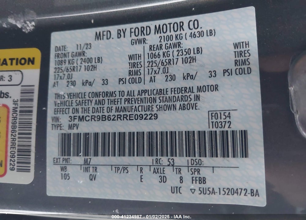 2024 FORD BRONCO SPORT BIG BEND VIN: 3FMCR9B62RRE09229