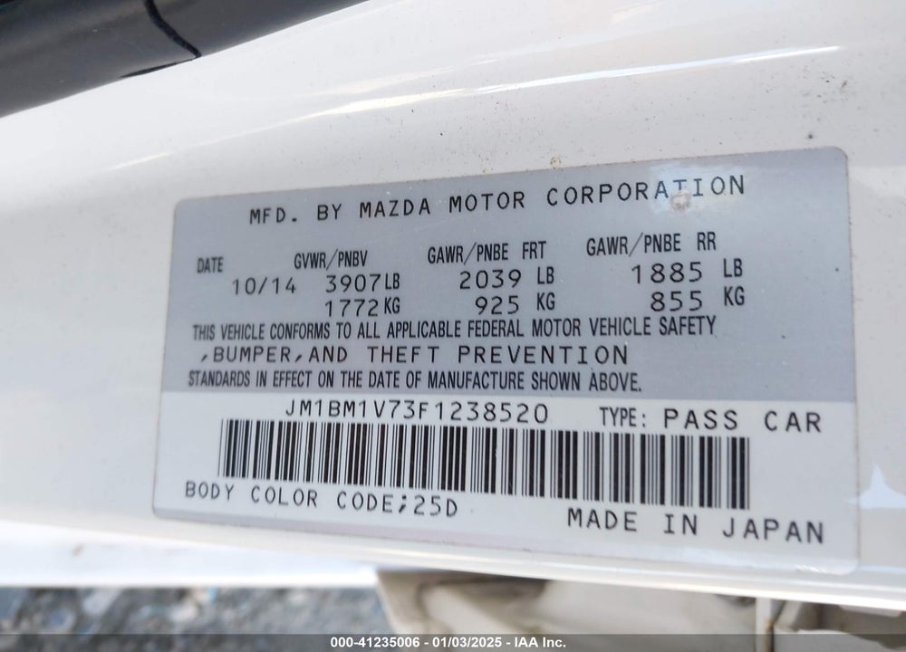 2015 MAZDA 3 TOURING VIN: JM1BM1V73F1238520