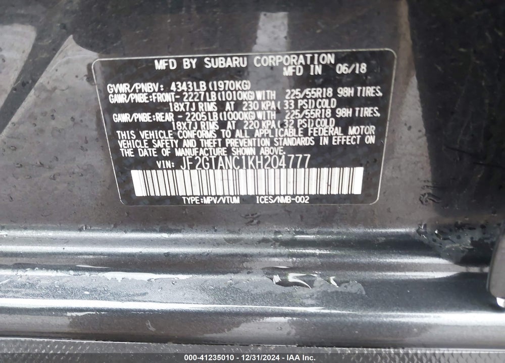 2019 SUBARU CROSSTREK 2.0I LIMITED VIN: JF2GTANC1KH204777