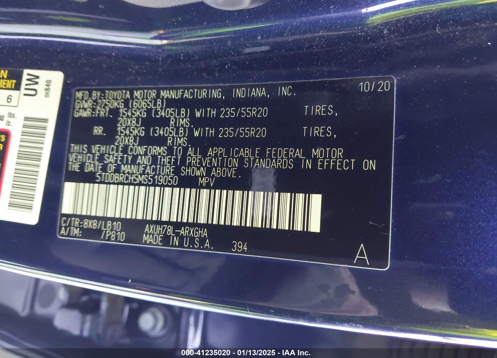 2021 TOYOTA HIGHLANDER HYBRID LIMITED VIN: 5TDDBRCH5MS519050