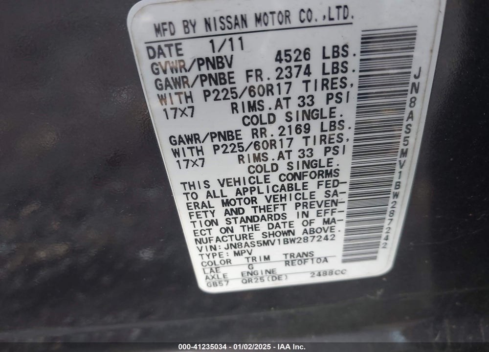 2011 NISSAN ROGUE SV VIN: JN8AS5MV1BW287242
