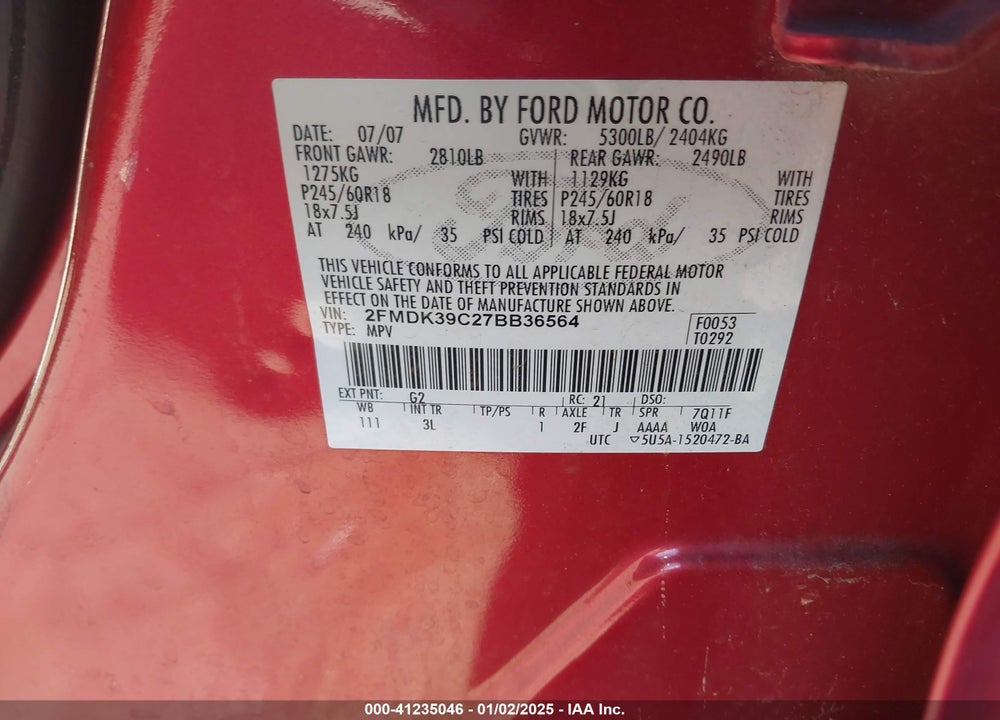 2007 FORD EDGE SEL PLUS VIN: 2FMDK39C27BB36564