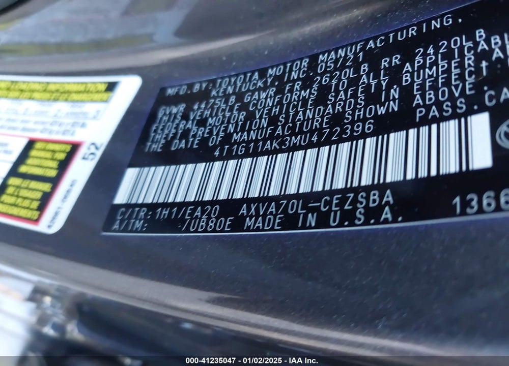 2021 TOYOTA CAMRY VIN: 4T1G11AK3MU472396