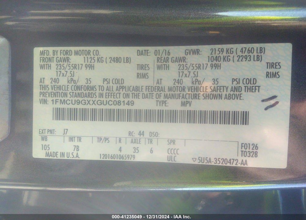 2016 FORD ESCAPE SE VIN: 1FMCU9GXXGUC08149