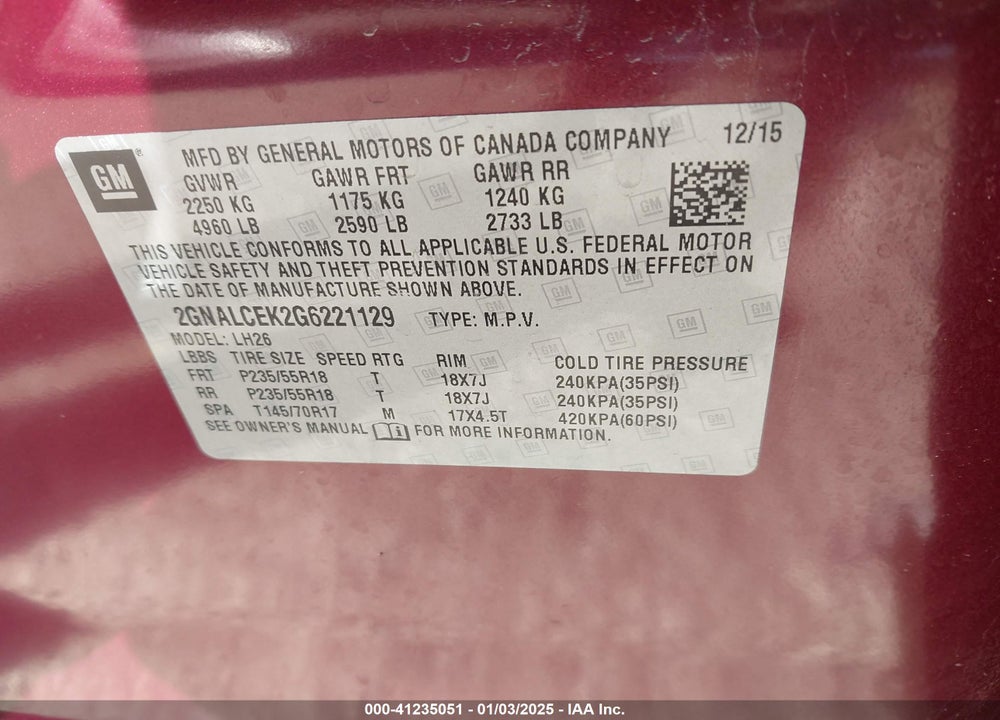 2016 CHEVROLET EQUINOX LT VIN: 2GNALCEK2G6221129