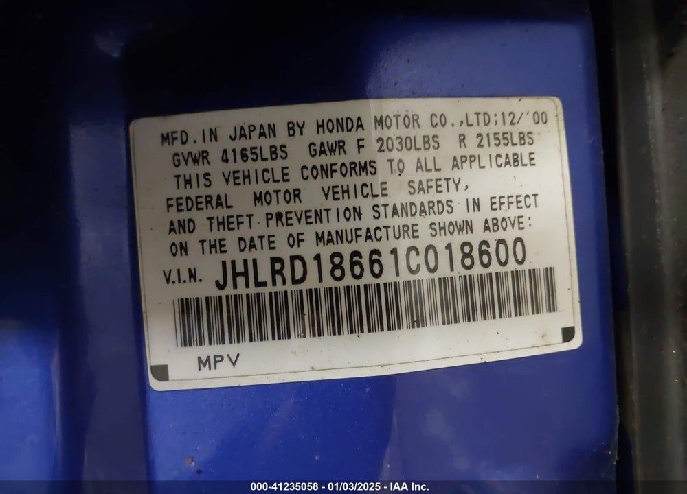 2001 HONDA CR-V EX VIN: JHLRD18661C018600