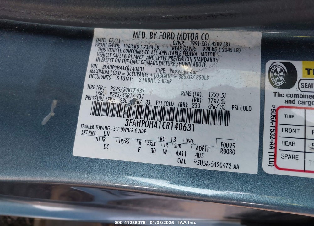 2012 FORD FUSION VIN: 3FAHP0HA1CR140631