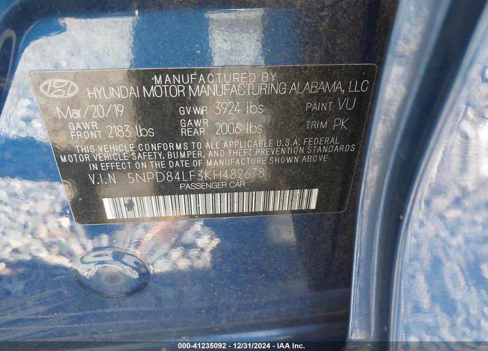 2019 HYUNDAI ELANTRA SEL VIN: 5NPD84LF3KH482678