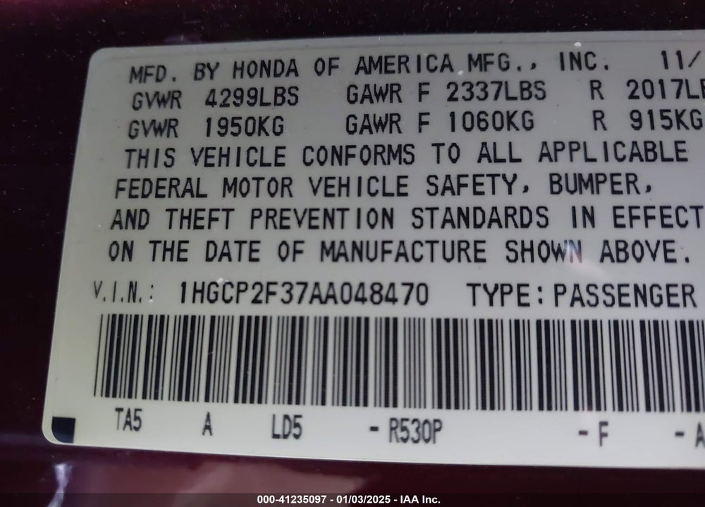 2010 HONDA ACCORD 2.4 LX VIN: 1HGCP2F37AA048470