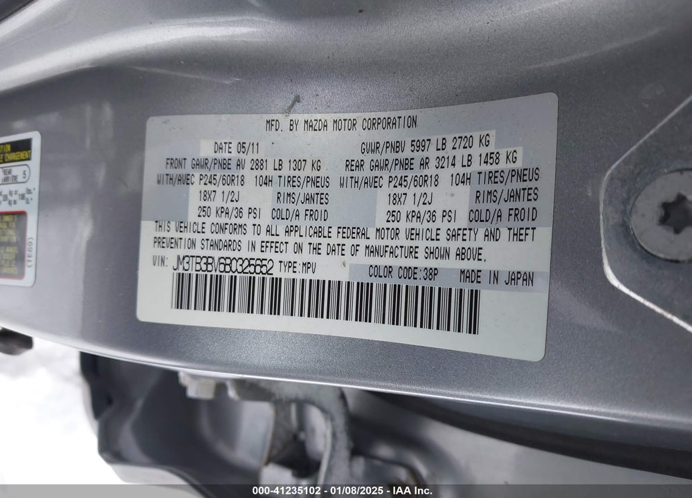 2011 MAZDA CX-9 VIN: JM3TB3BV6B0325652