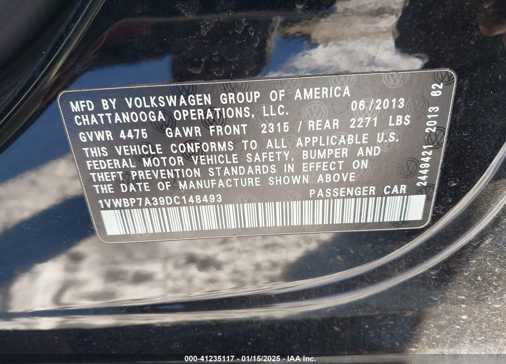 2013 VOLKSWAGEN PASSAT 2.5L SE VIN: 1VWBP7A39DC148493