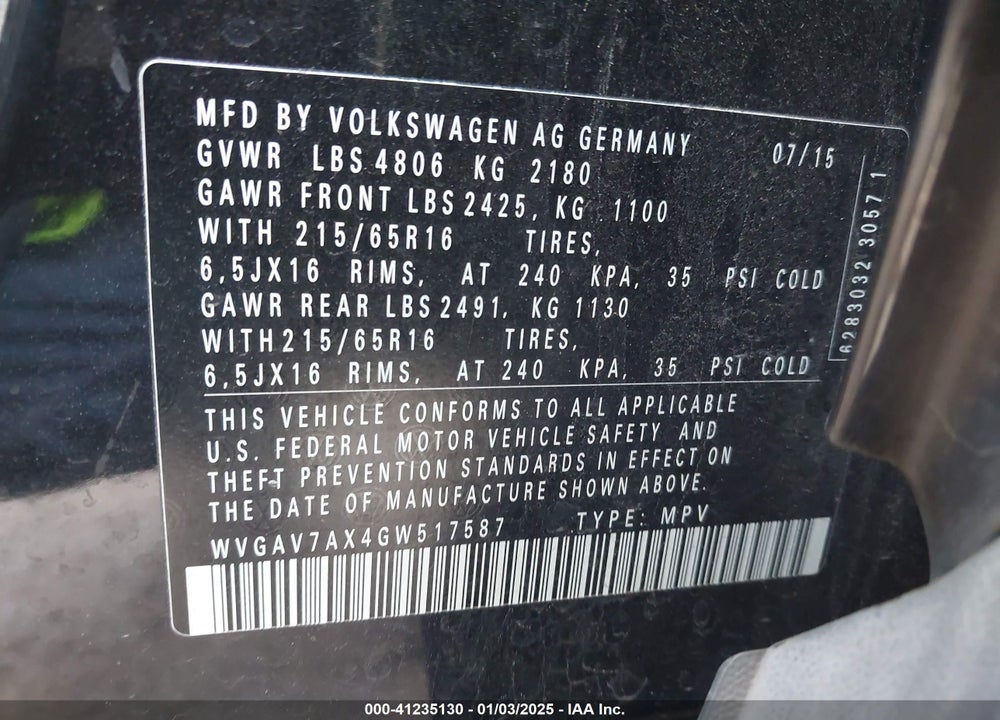 2016 VOLKSWAGEN TIGUAN S VIN: WVGAV7AX4GW517587
