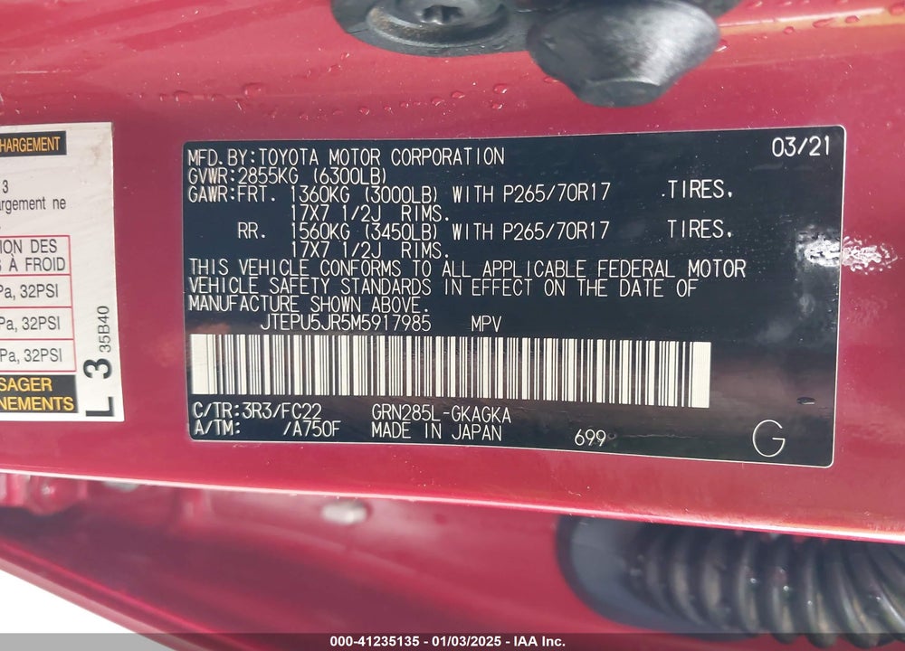 2021 TOYOTA 4RUNNER TRD OFF ROAD VIN: JTEPU5JR5M5917985