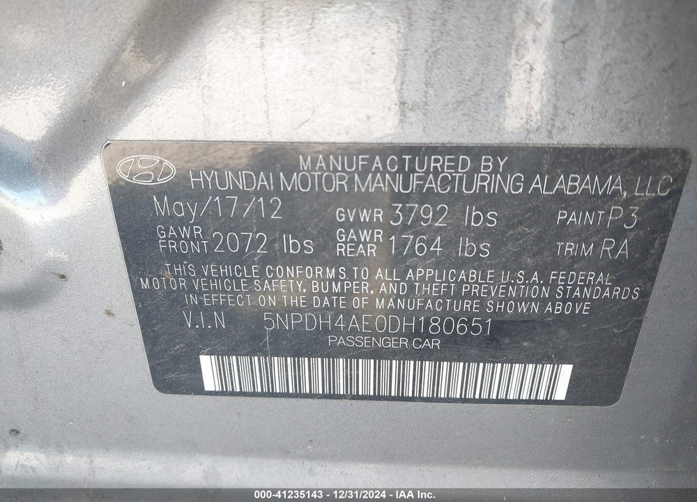 2013 HYUNDAI ELANTRA GLS VIN: 5NPDH4AE0DH180651
