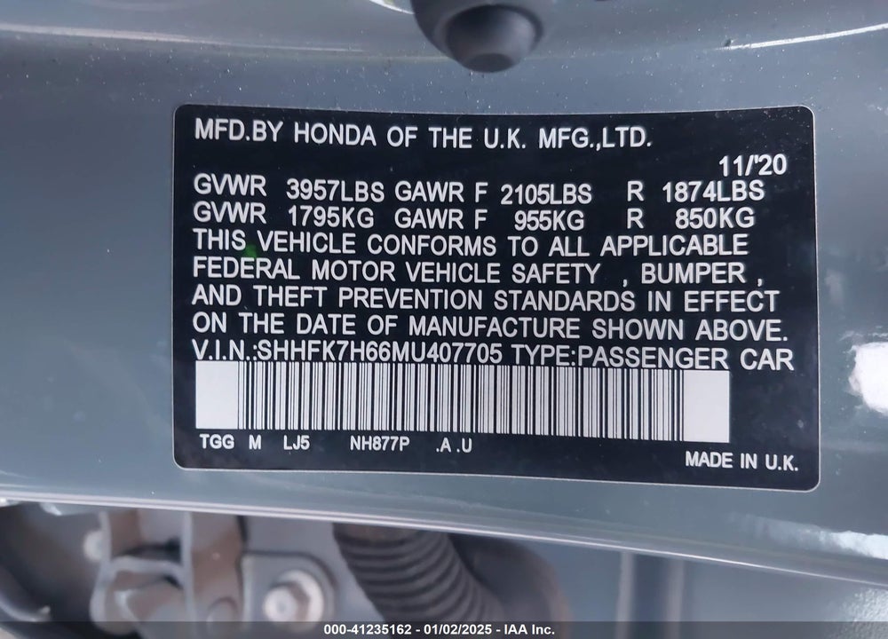 2021 HONDA CIVIC EX VIN: SHHFK7H66MU407705