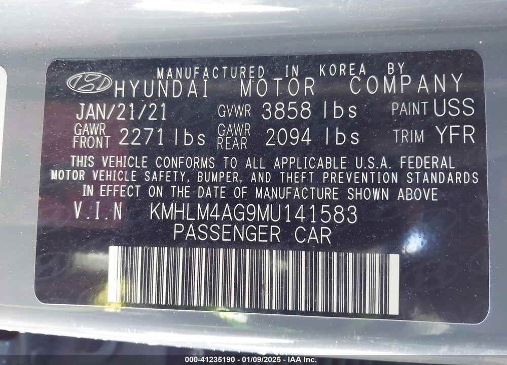 2021 HYUNDAI ELANTRA VIN: KMHLM4AG9MU141583