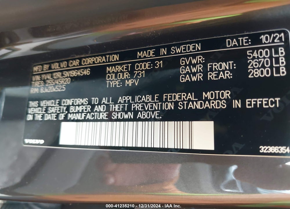 2022 VOLVO XC60 B5 INSCRIPTION VIN: YV4L12RL5N1964546