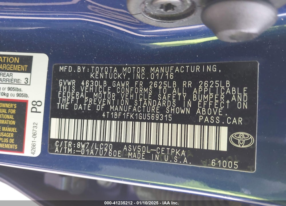 2016 TOYOTA CAMRY VIN: 4T1BF1FK1GU569315