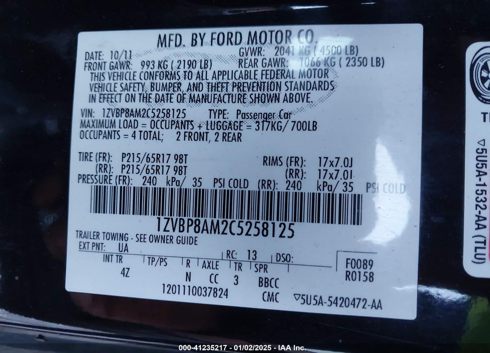 2012 FORD MUSTANG V6 PREMIUM VIN: 1ZVBP8AM2C5258125