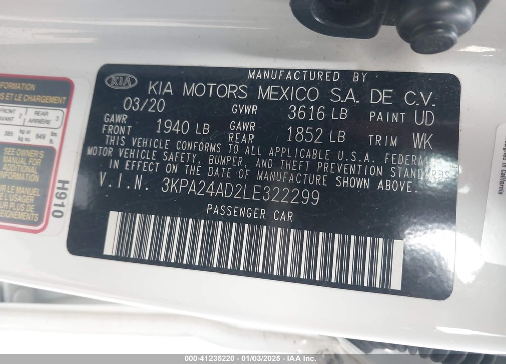 2020 KIA RIO VIN: 3KPA24AD2LE322299