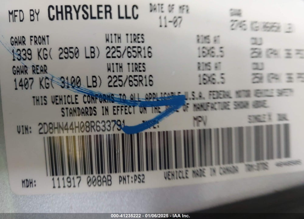 2008 DODGE GRAND CARAVAN SE VIN: 2D8HN44H08R633791