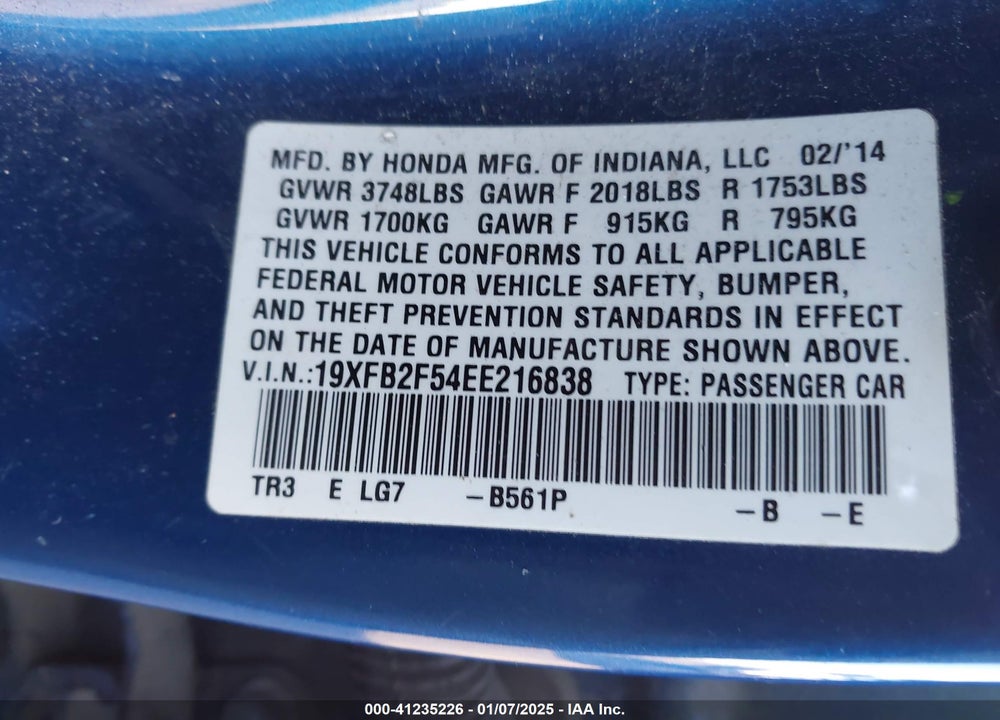 2014 HONDA CIVIC VIN: 19XFB2F54EE216838