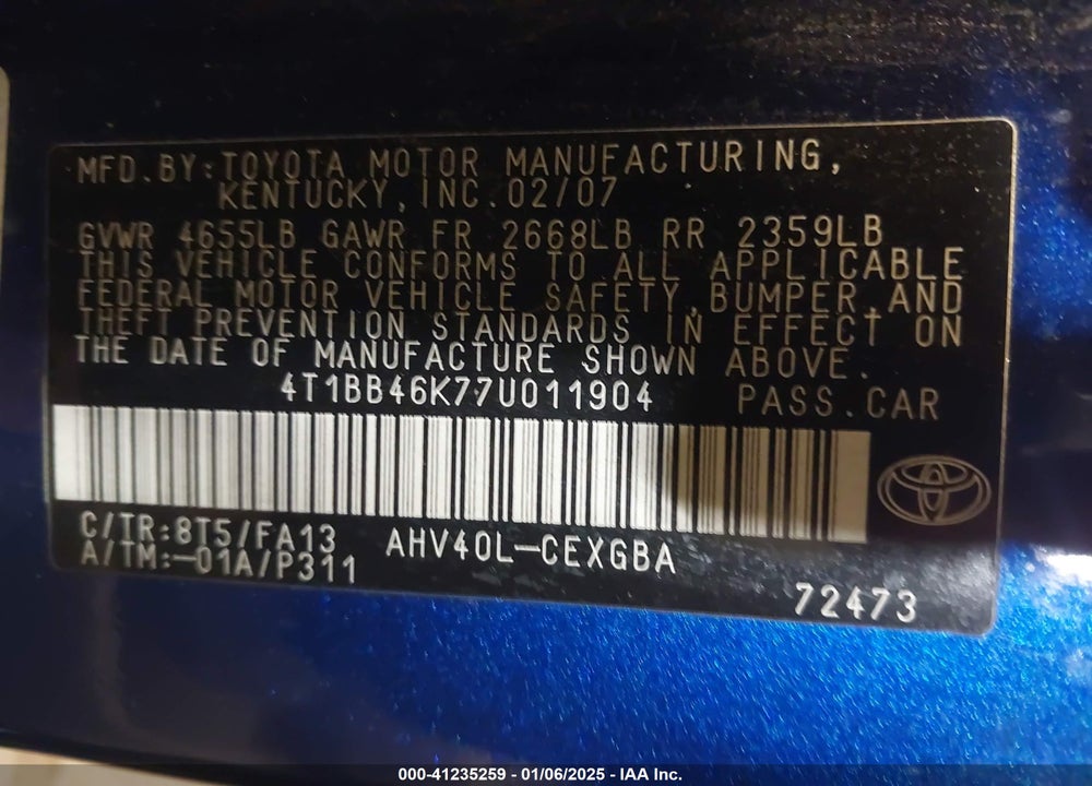 2007 TOYOTA CAMRY HYBRID VIN: 4T1BB46K77U011904