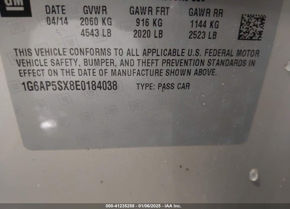 2014 CADILLAC CTS STANDARD VIN: 1G6AP5SX8E0184038