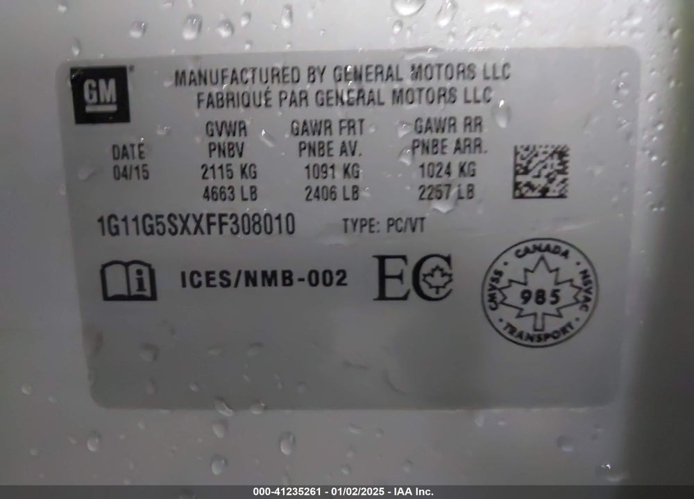 2015 CHEVROLET MALIBU VIN: 1G11G5SXXFF308010