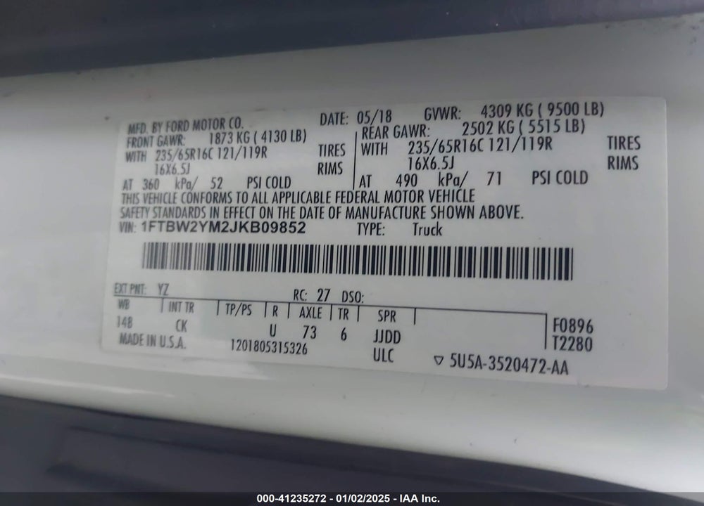 2018 FORD TRANSIT-350 VIN: 1FTBW2YM2JKB09852