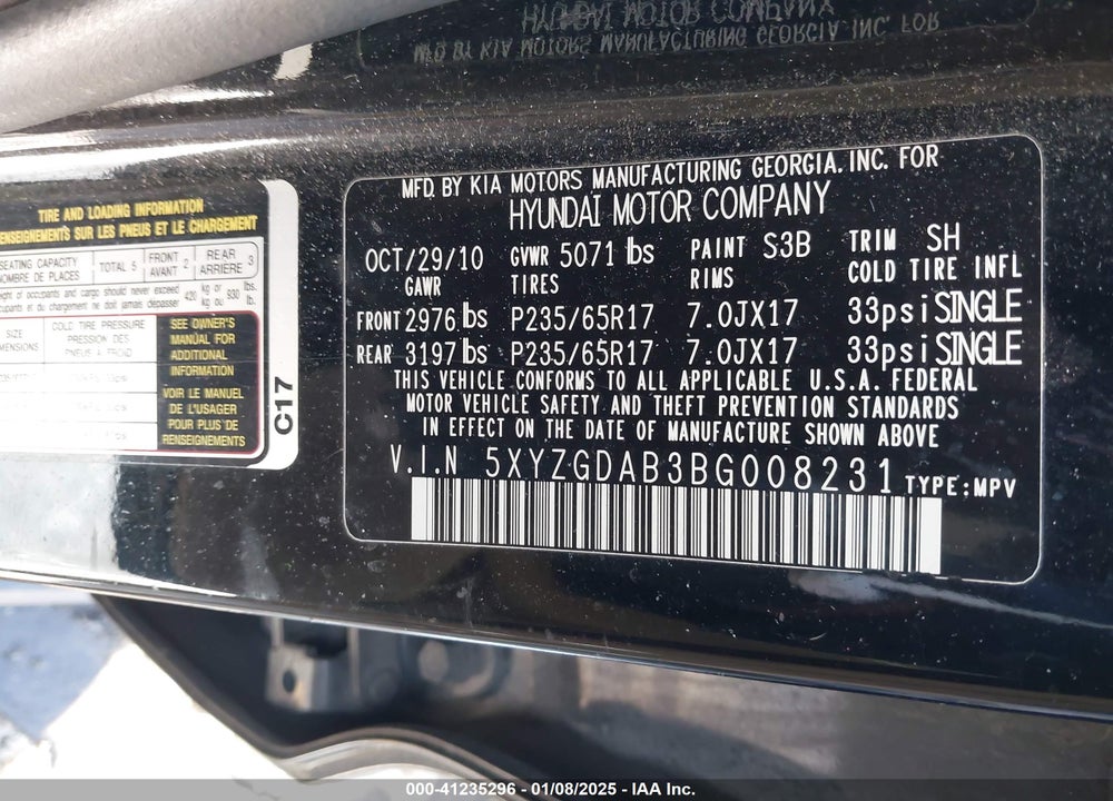 2011 HYUNDAI SANTA FE GLS VIN: 5XYZGDAB3BG008231