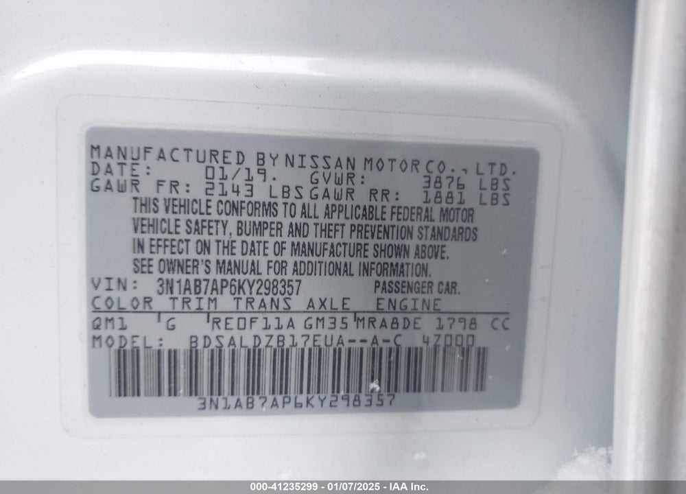 2019 NISSAN SENTRA VIN: 3N1AB7AP6KY298357
