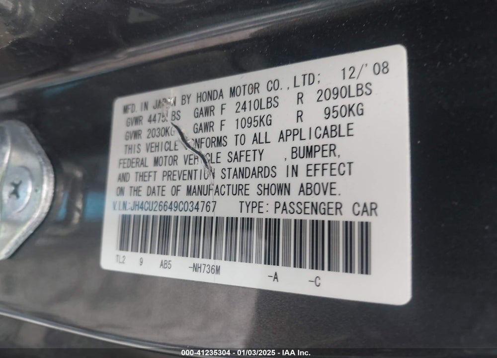 2009 ACURA TSX VIN: JH4CU26649C034767