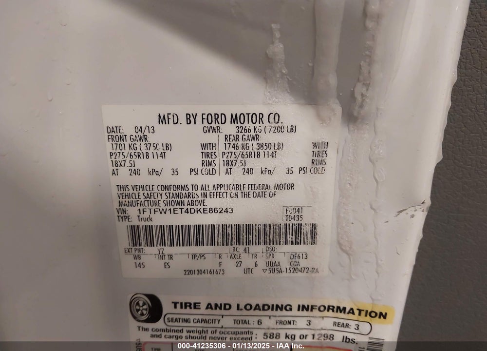 2013 FORD F-150 VIN: 1FTFW1ET4DKE86243