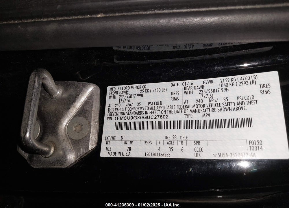2016 FORD ESCAPE SE VIN: 1FMCU9GX0GUC27602