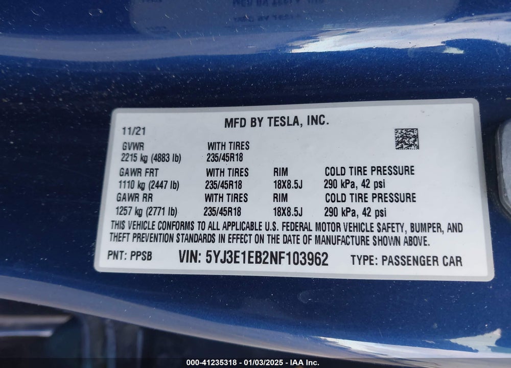 2022 TESLA MODEL 3 VIN: 5YJ3E1EB2NF103962