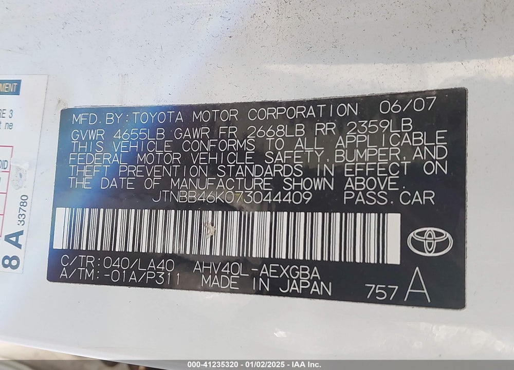 2007 TOYOTA CAMRY HYBRID VIN: JTNBB46K073044409