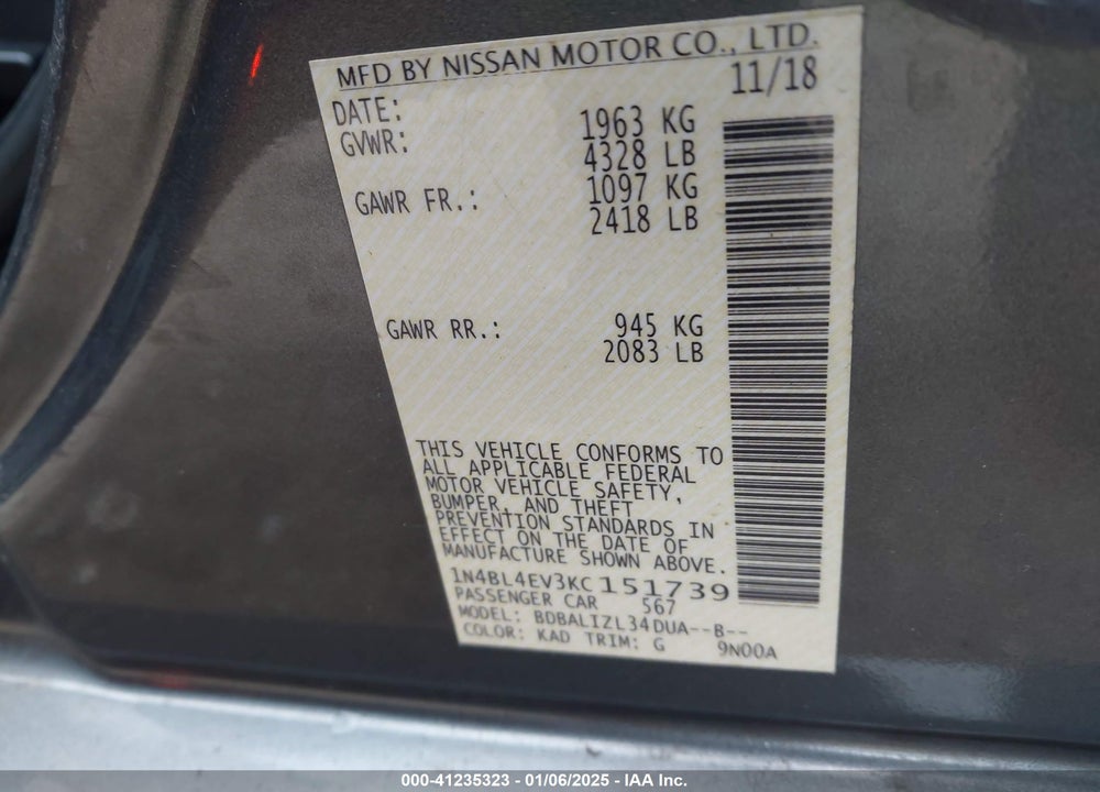 2019 NISSAN ALTIMA 2.5 SL VIN: 1N4BL4EV3KC151739