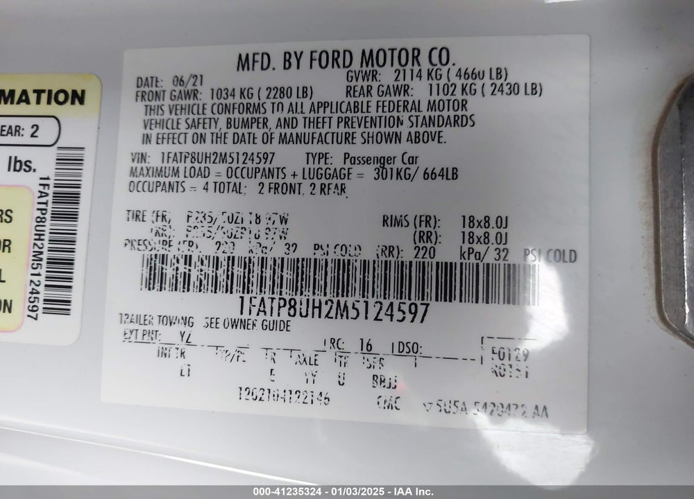2021 FORD MUSTANG VIN: 1FATP8UH2M5124597