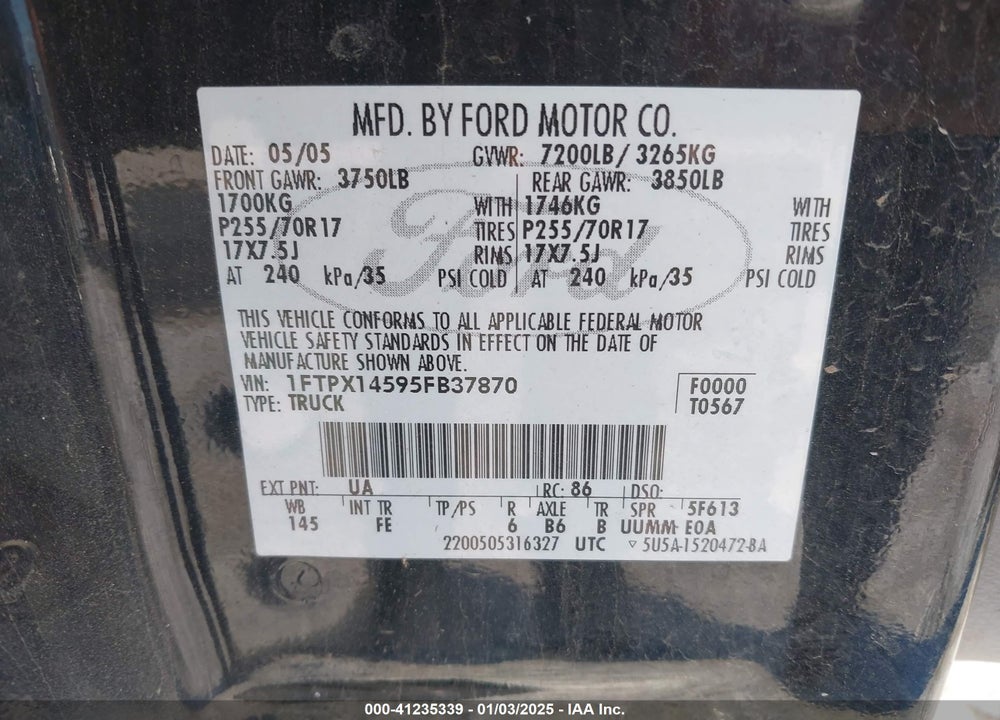 2005 FORD F-150 FX4/LARIAT/XL/XLT VIN: 1FTPX14595FB37870