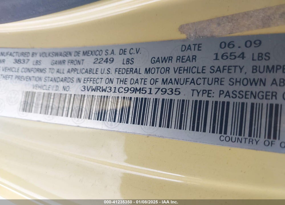 2009 VOLKSWAGEN NEW BEETLE 2.5L VIN: 3VWRW31C99M517935