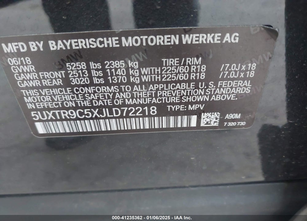 2018 BMW X3 XDRIVE30I VIN: 5UXTR9C5XJLD72218