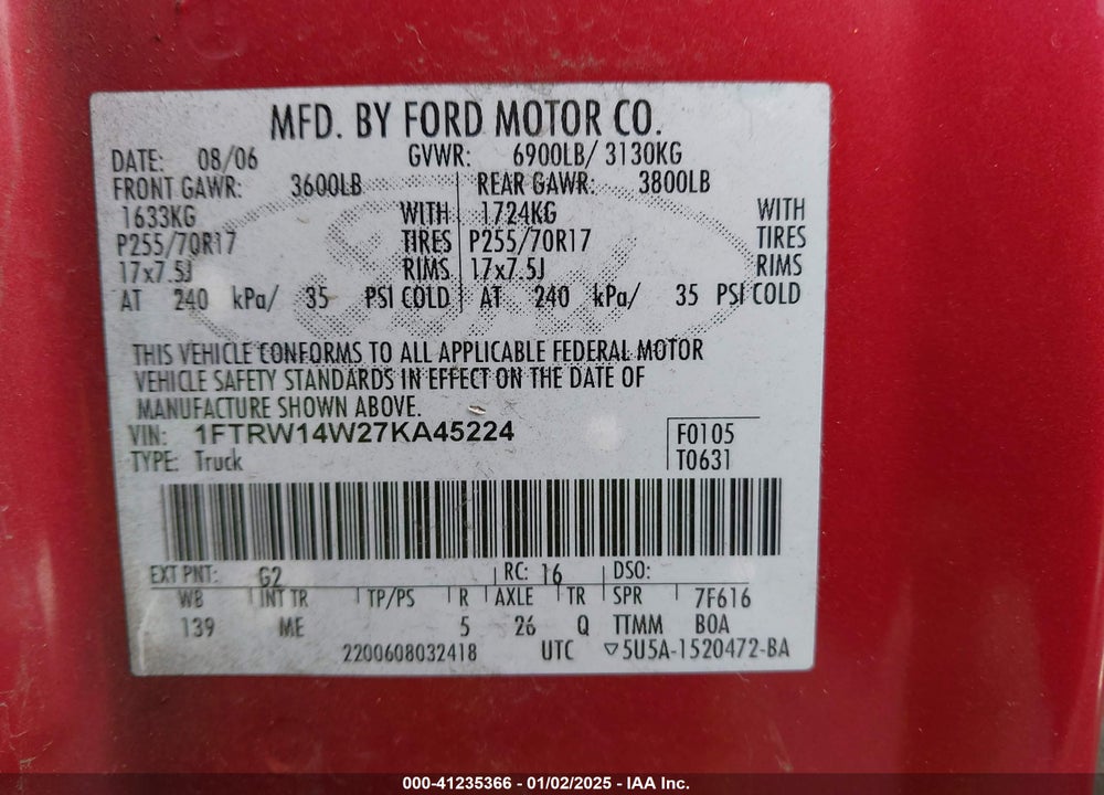 2007 FORD F-150 XLT VIN: 1FTRW14W27KA45224