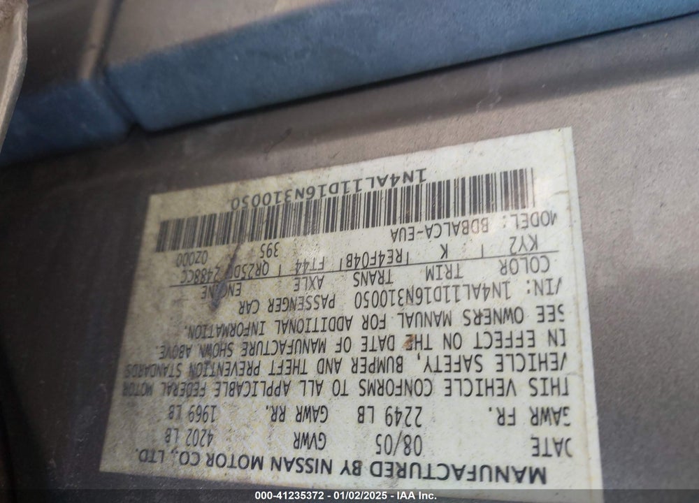 2006 NISSAN ALTIMA 2.5 S VIN: 1N4AL11D16N310050
