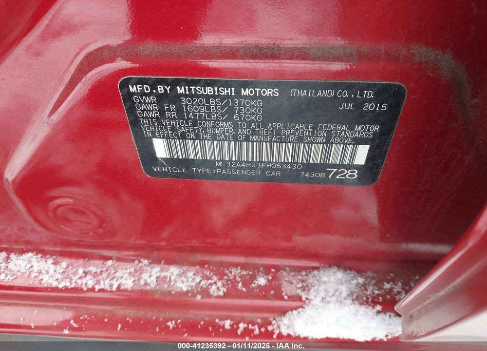 2015 MITSUBISHI MIRAGE VIN: ML32A4HJ3FH053430