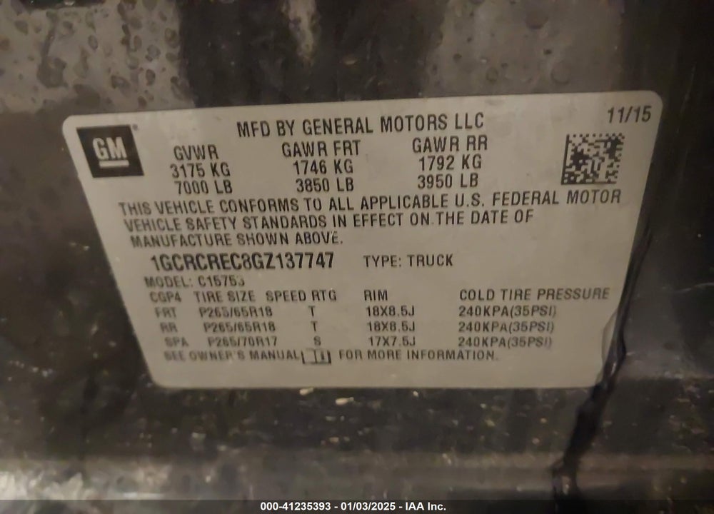 2016 CHEVROLET SILVERADO 1500 VIN: 1GCRCREC8GZ137747