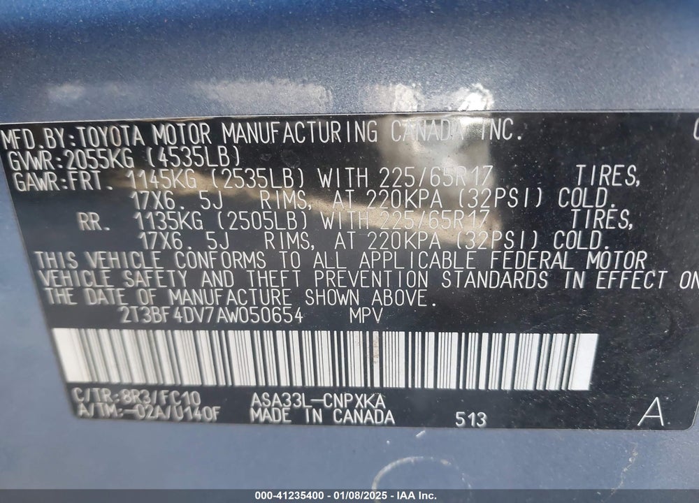 2010 TOYOTA RAV4 VIN: 2T3BF4DV7AW050654