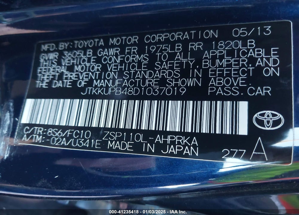 2013 SCION XD VIN: JTKKUPB48D1037019
